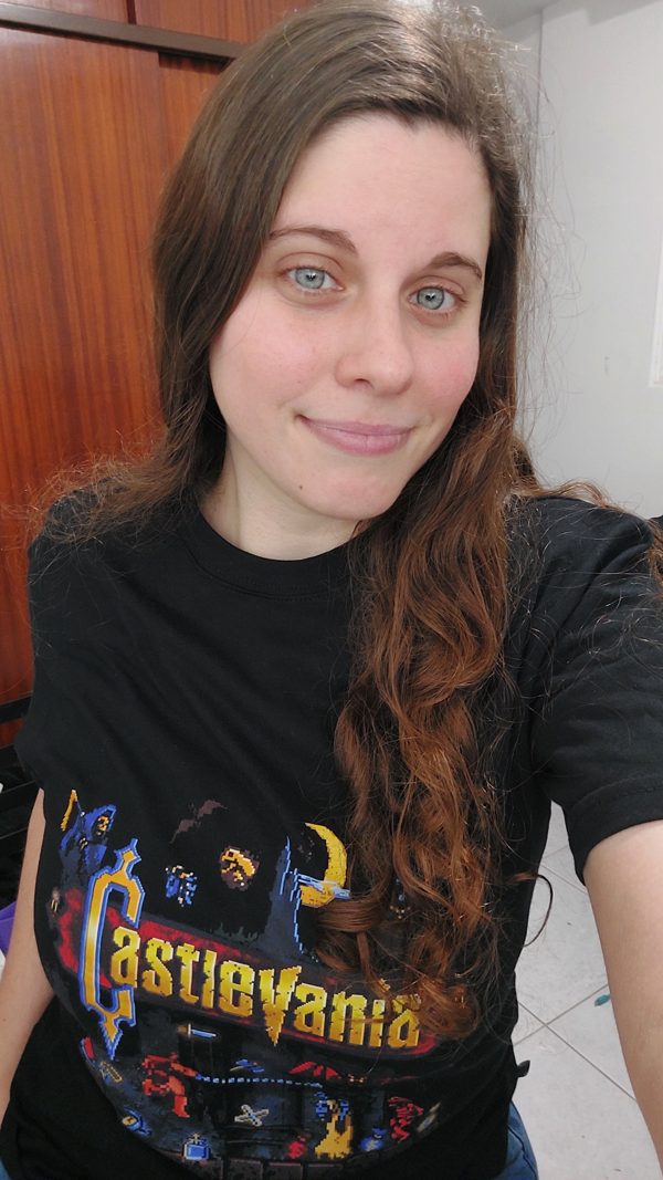 Ari wearing a Castlevania shirt